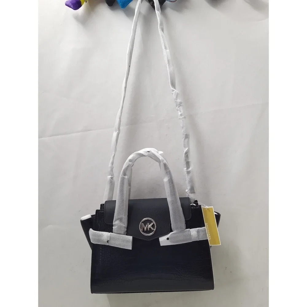 Michael Kors Carmen Black Leather Crocodile Embossed Flap Satchel Bag - NWT $598